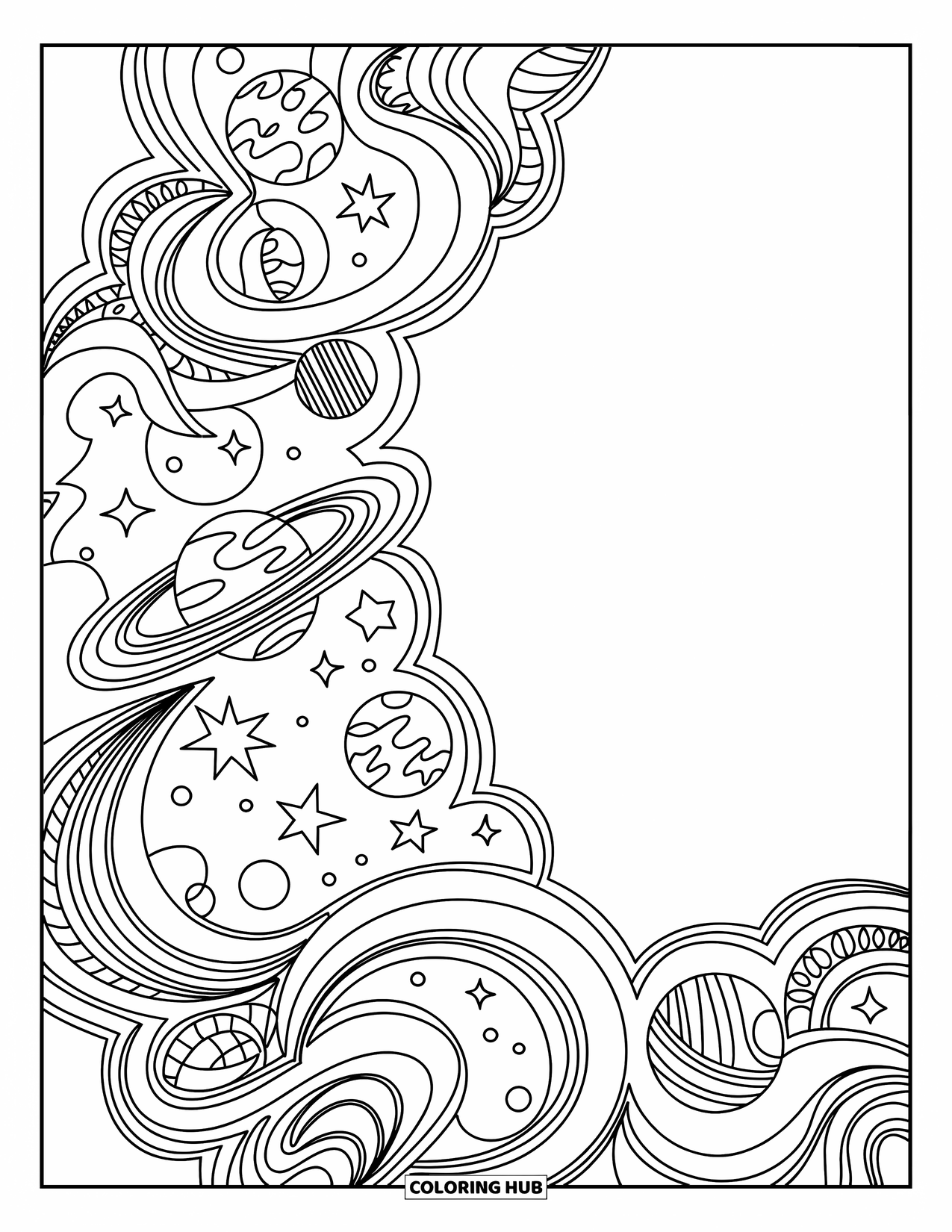 Planeet Kleurplaat voor Volwassenen: Planeten en sterren wervelen door een kantachtige rand vol kosmische patronen en elegante curven