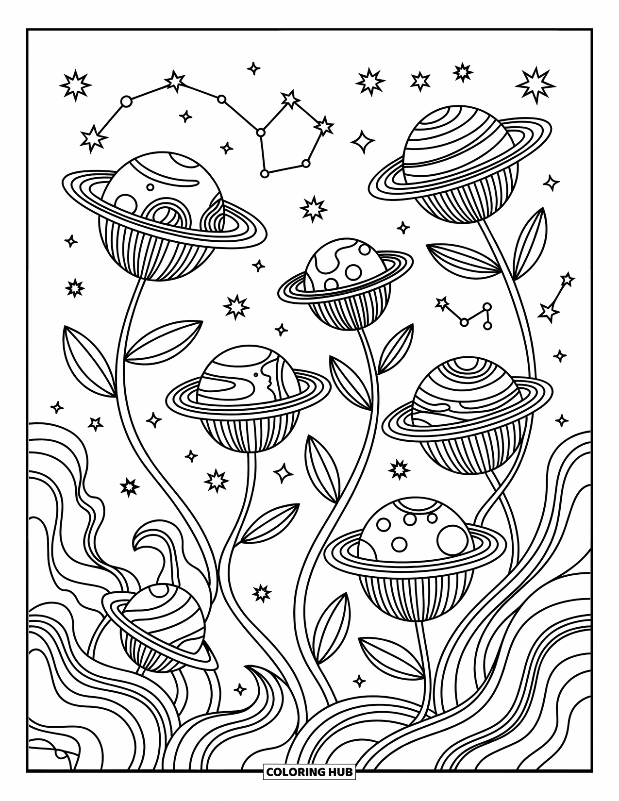 Planeet Kleurplaat voor Volwassenen: Planeten bloeien als bloemen op wervelende stelen in een grillige, sterrenhemelruimtetuin