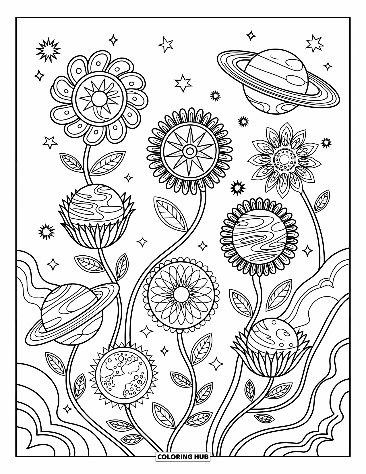Planeet Kleurplaat voor Volwassenen: Planeten bloeien als bloemen in een dromerige tuin van wervelende stelen en hemelse symbolen
