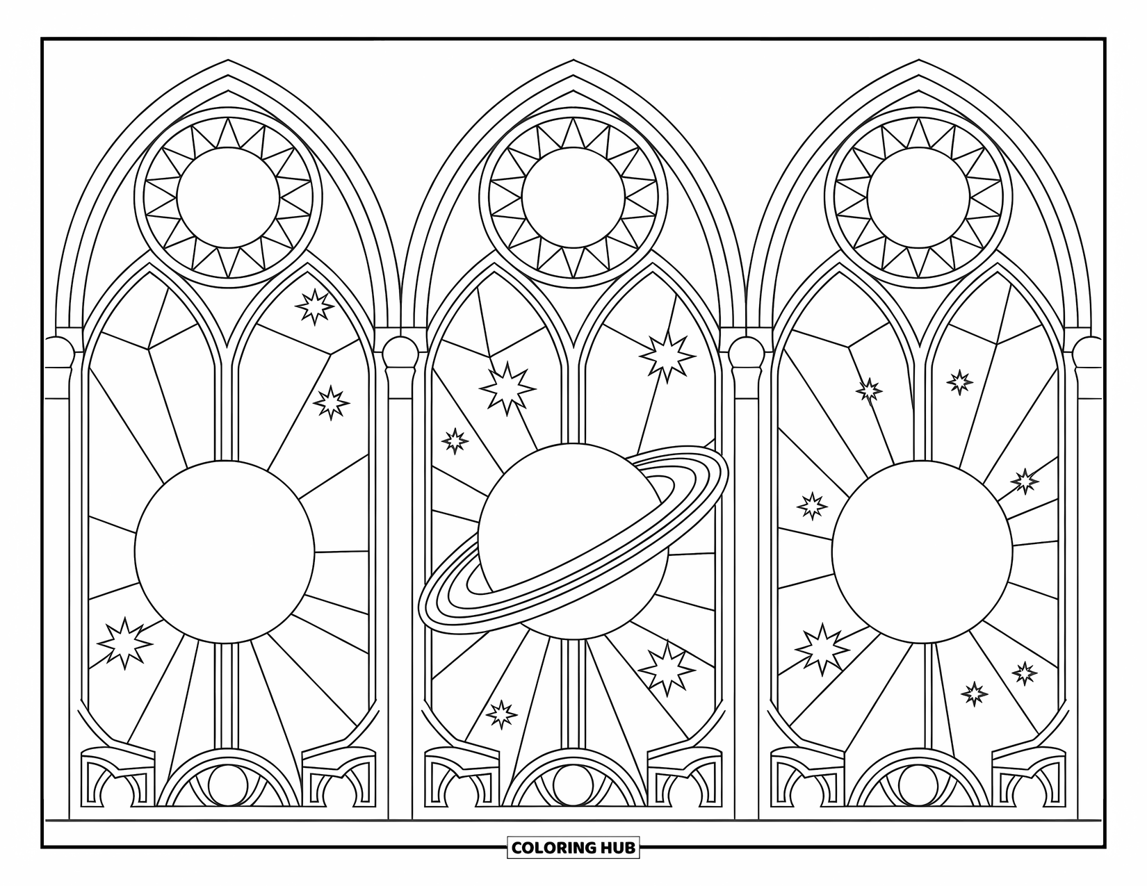 Planeet Kleurplaat voor Volwassenen: Planeten gloeien in kathedraalbogen met sterrenramen en delicate glas-in-loodpatronen