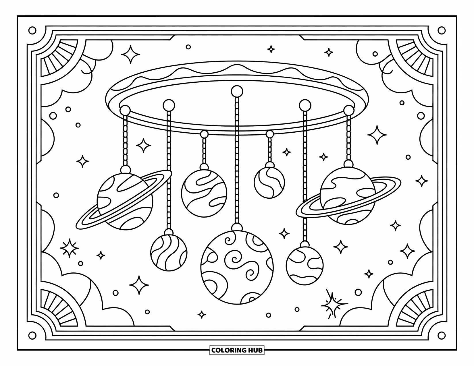 Planeet Kleurplaat voor Volwassenen: Planeten hangen als juwelen aan een kroonluchter in de ruimte, verbonden door sierlijke sterrenkettingen