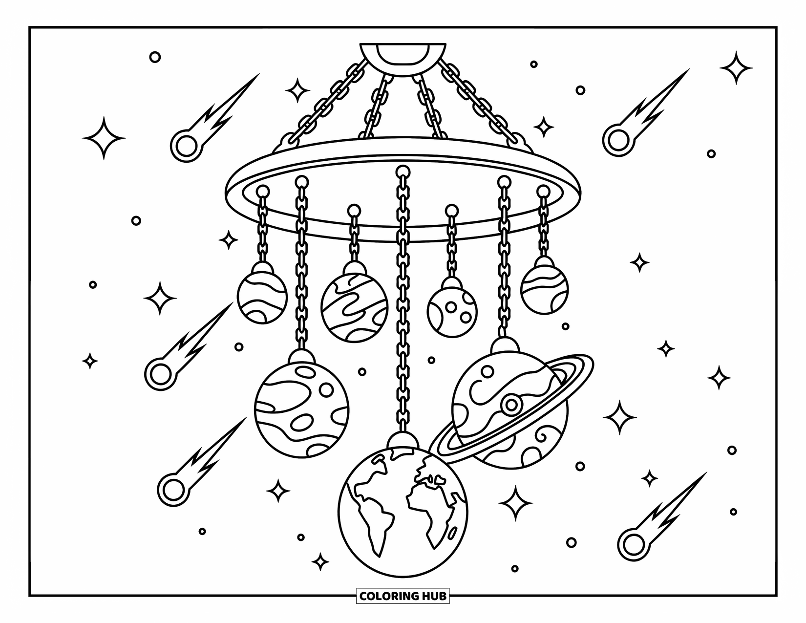 Planeet Kleurplaat voor Volwassenen: Planeten in een kroonluchter zweven in de ruimte met wervelende kettingen, kraters en stralende nevels