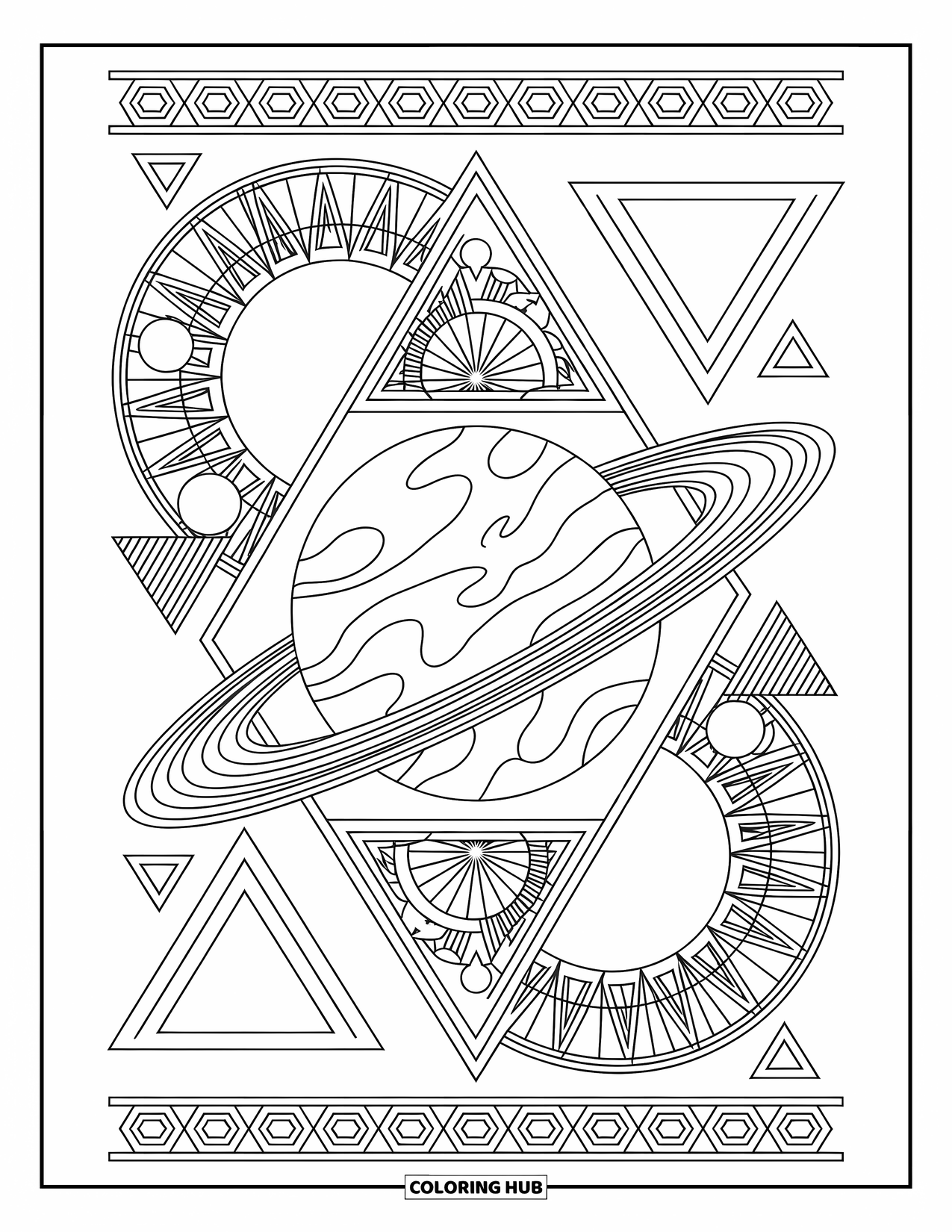 Planeet Kleurplaat voor Volwassenen: Planeten draaien rond in driehoeken en zeshoeken, omgeven door gedetailleerde geometrische mandala's en patronen