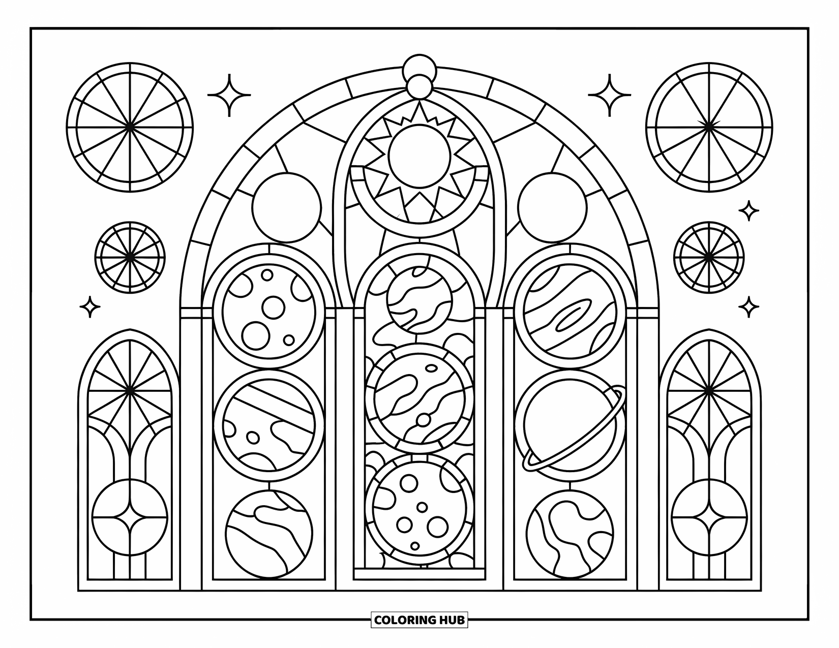 Planeet Kleurplaat voor Volwassenen: Planeten schijnen door glas-in-loodbogen met ingewikkelde patronen en met sterren gevulde ramen
