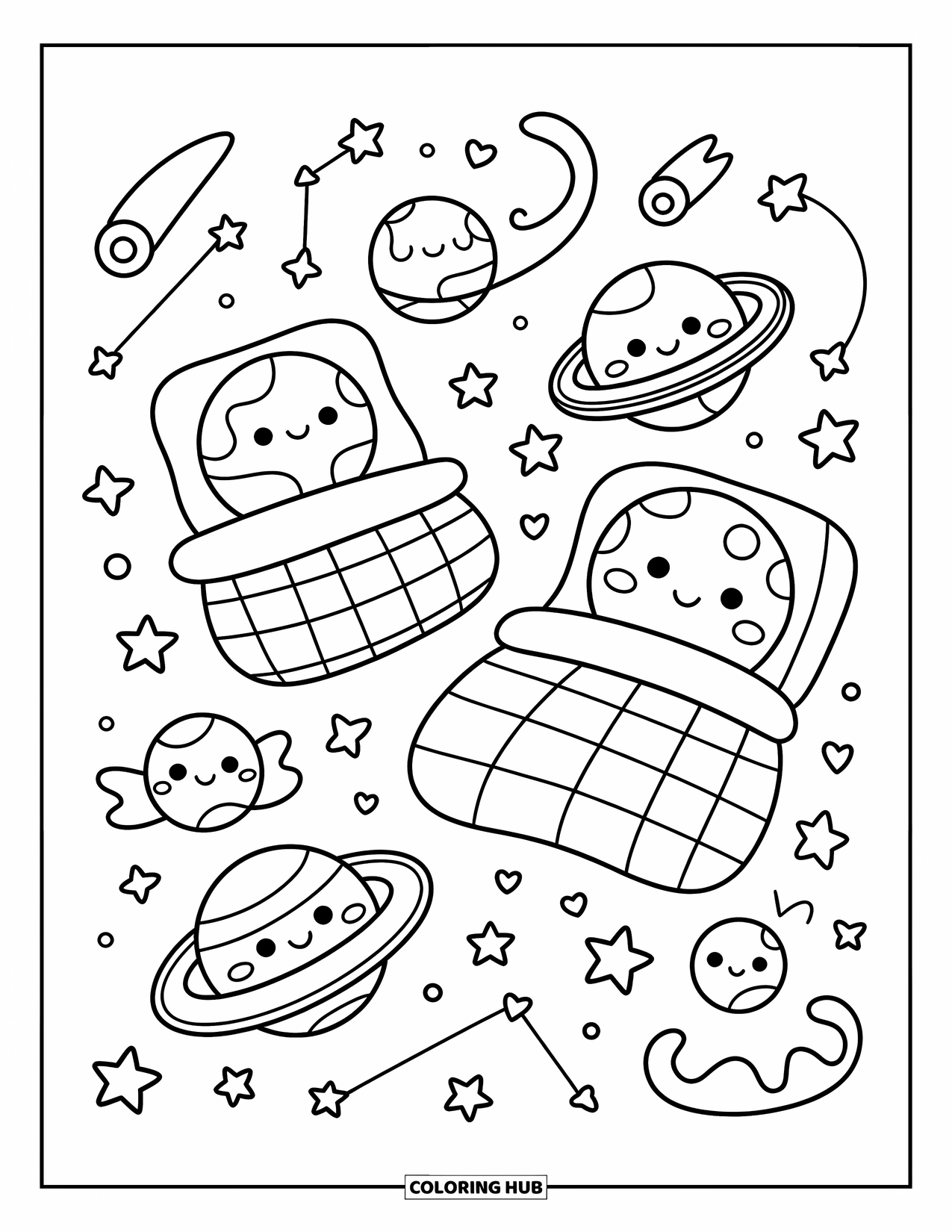Planeet Kleurplaat voor Volwassenen: Speelse planeten doen een dutje in met harten gewatteerde bedden met nachtlampmaantjes en dromerige sterrenbeelden erboven