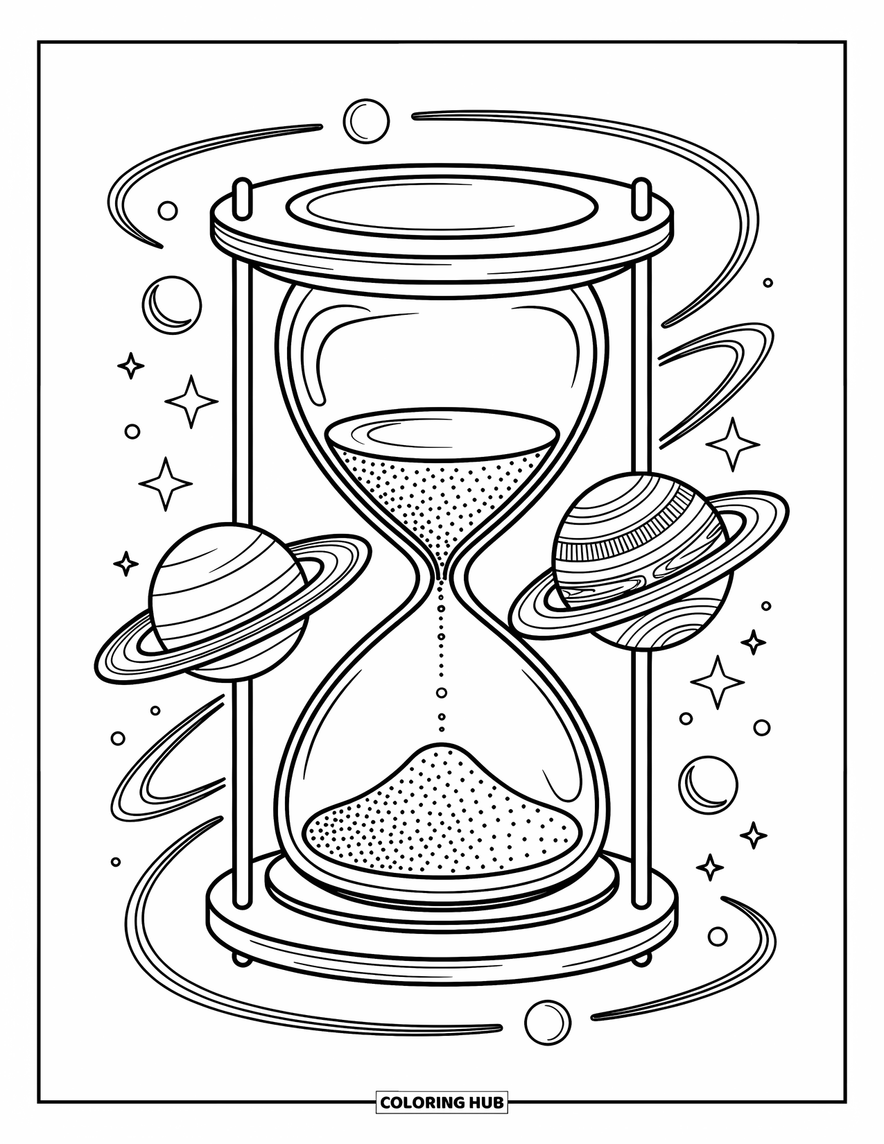 Planeet Kleurplaat voor Volwassenen: Zand stroomt door een zandloper tussen planeten, verbonden door wervelende, baanvormige stromen
