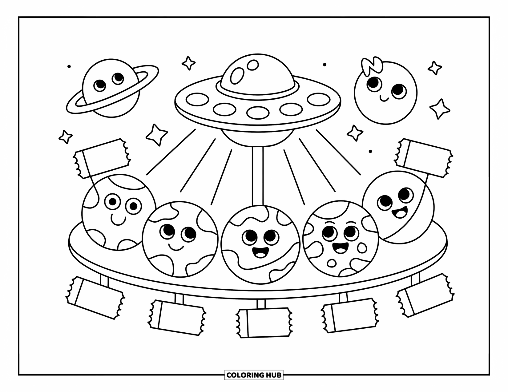 Planeet Kleurplaat voor Volwassenen: Lachende planeten wachten op hun beurt op een draaiende UFO-carrousel met sterren die overal omheen gloeien