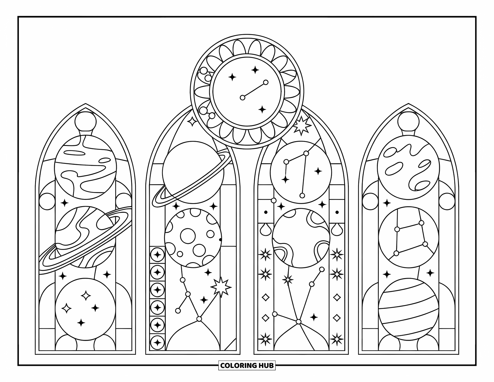 Planeet Kleurplaat voor Volwassenen: Glas-in-loodbogen omlijsten planeten met patronen, omgeven door sterren en wervelende sterrenbeeldlijnen
