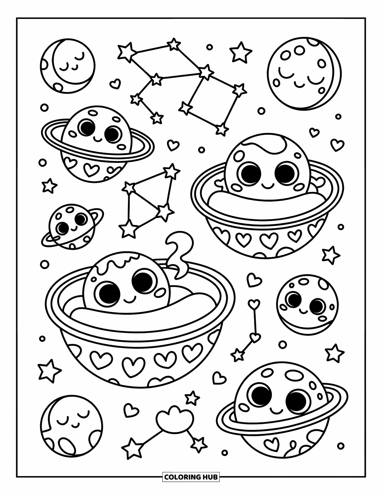 Planeet Kleurplaat voor Volwassenen: Kleine slaperige planeten rusten in knusse ruimtebedden onder sterrenbeelden en zwevende manen