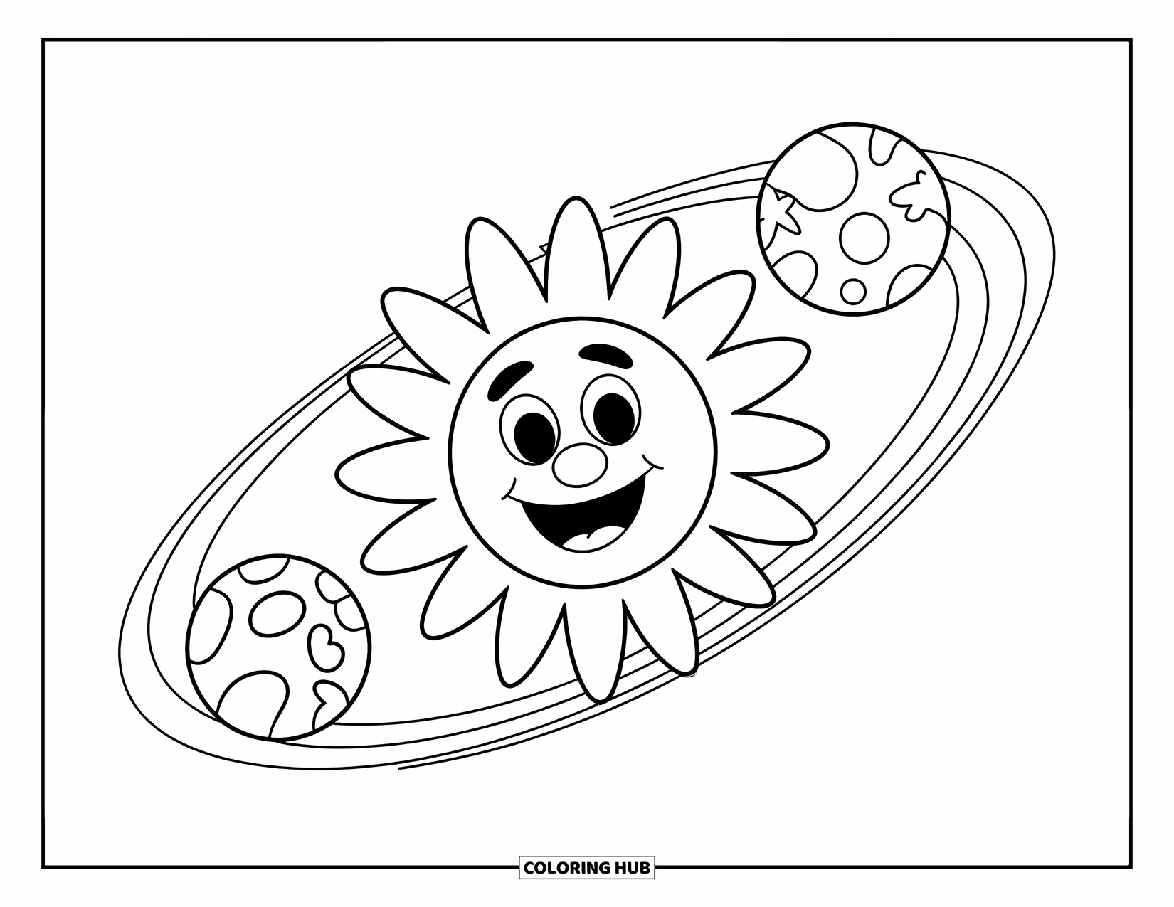 Planeet Kleurplaat voor Kinderen: Een stralende zon schijnt met twee planeten die in de buurt draaien, versierd met harten en vrolijke ogen