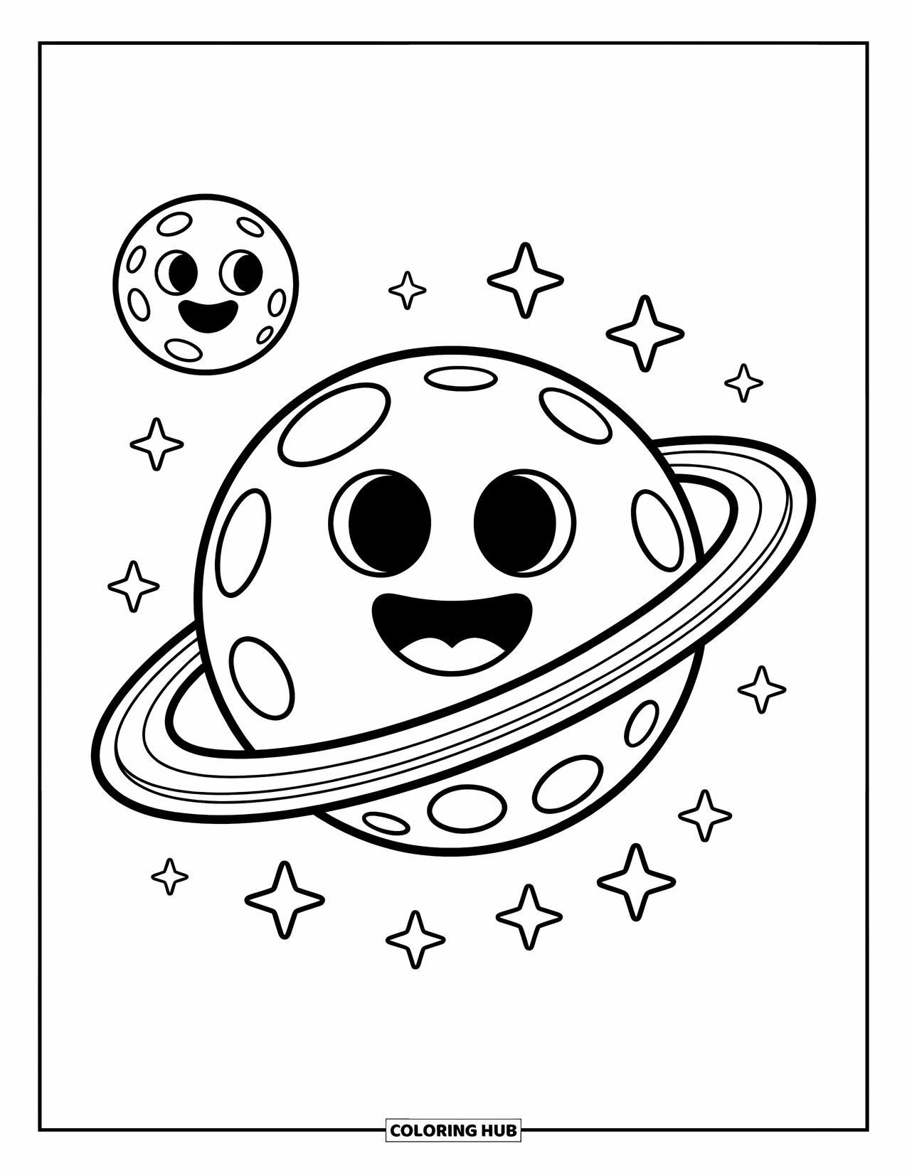 Planeet Kleurplaat voor Kinderen: Een grote, vriendelijke planeet met een ring grijnst naast een lachende halve maan en sprankelende sterren