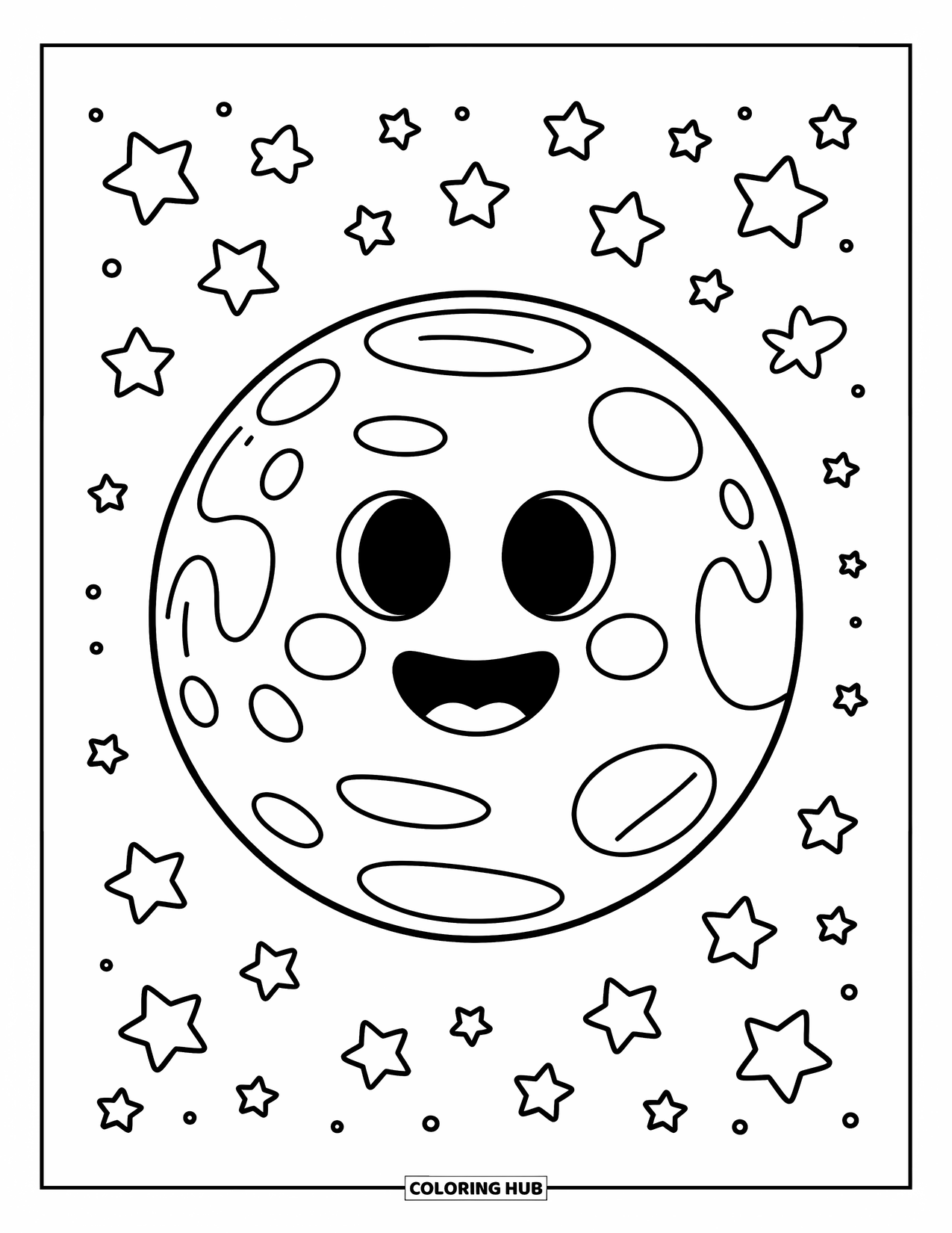 Planeet Kleurplaat voor Kinderen: Een grote, lachende planeet zweeft in de ruimte met sterren die eromheen dansen in alle soorten en maten