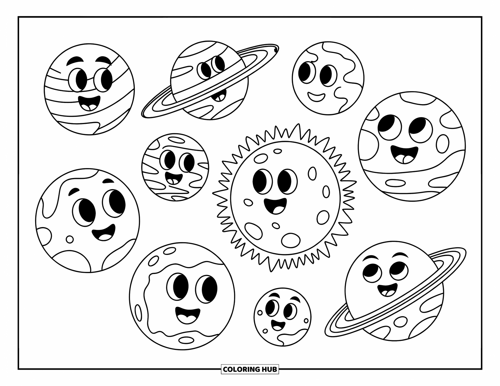 Planeet Kleurplaat voor Kinderen: Een grote zon schijnt in het midden terwijl acht lachende planeten draaien met vrolijke cartoongezichten