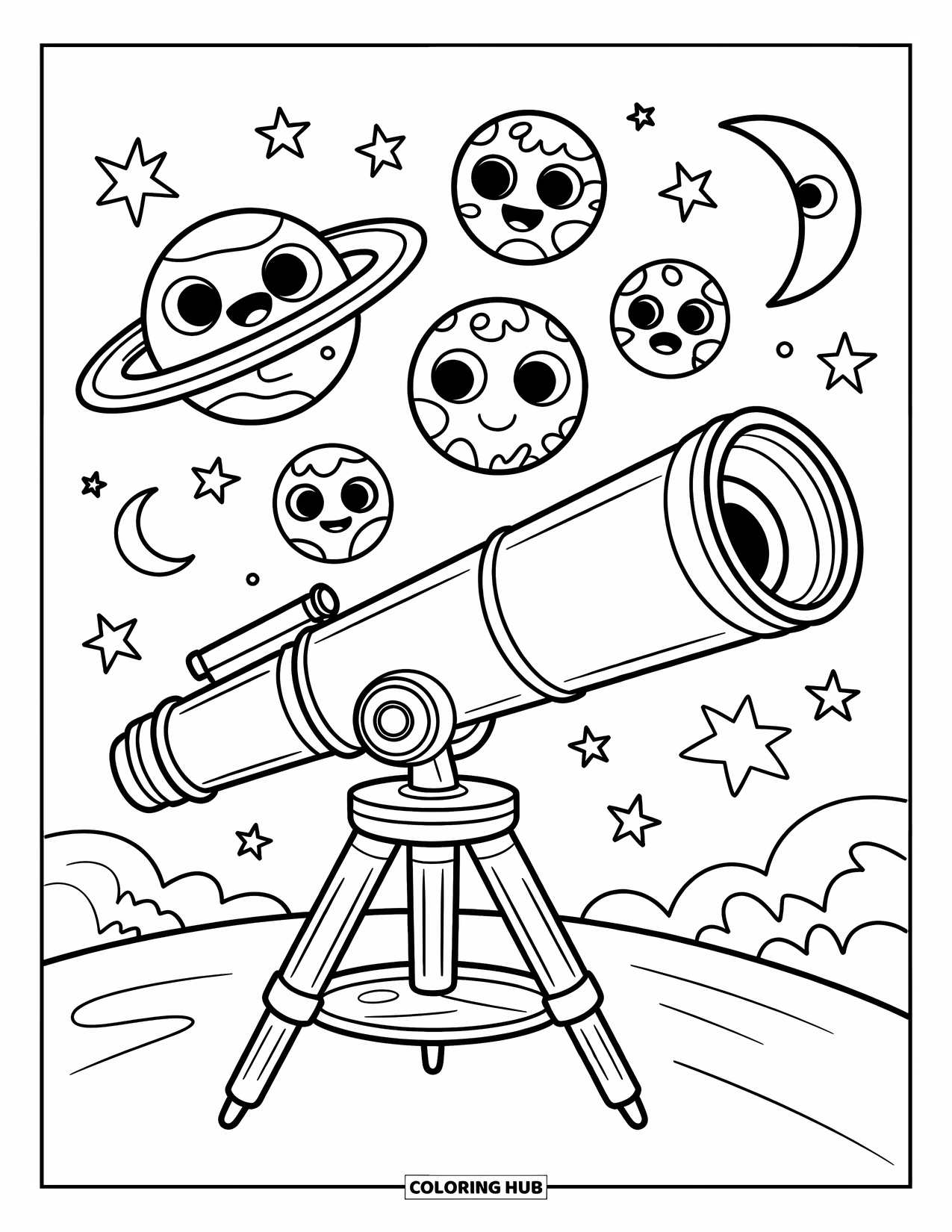 Planeet Kleurplaat voor Kinderen: Een grote telescoop kijkt omhoog naar lachende planeten die tussen sterren en kometen zweven