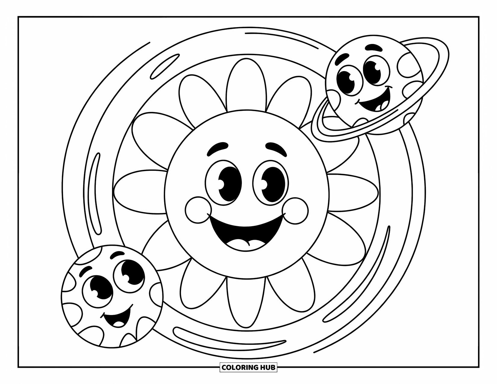 Planeet Kleurplaat voor Kinderen: Een heldere zon lacht terwijl twee schattige planeten in de buurt zweven, elk met leuke vormen en gezichten