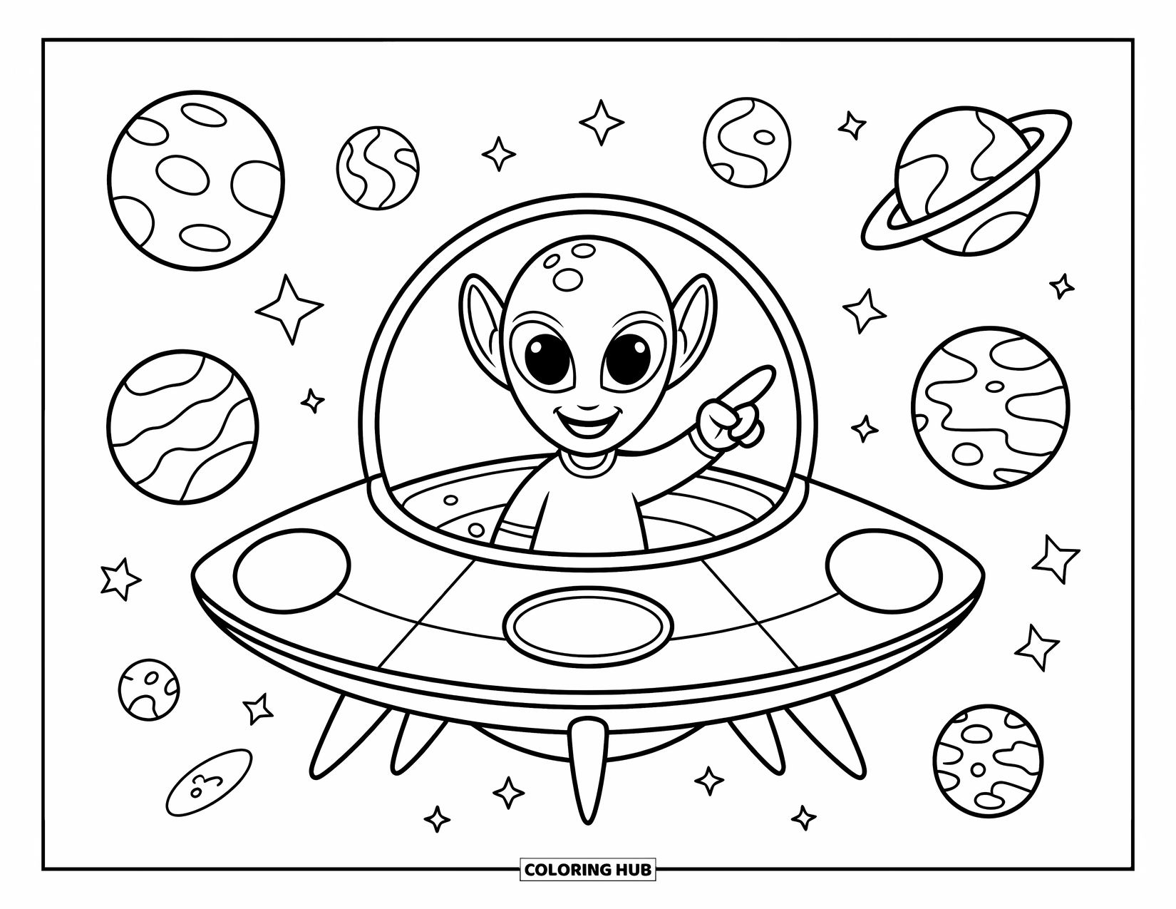 Planeet Kleurplaat voor Kinderen: Een vrolijke alien zweeft in een ruimteschip en wijst naar alle acht planeten die op een rij staan