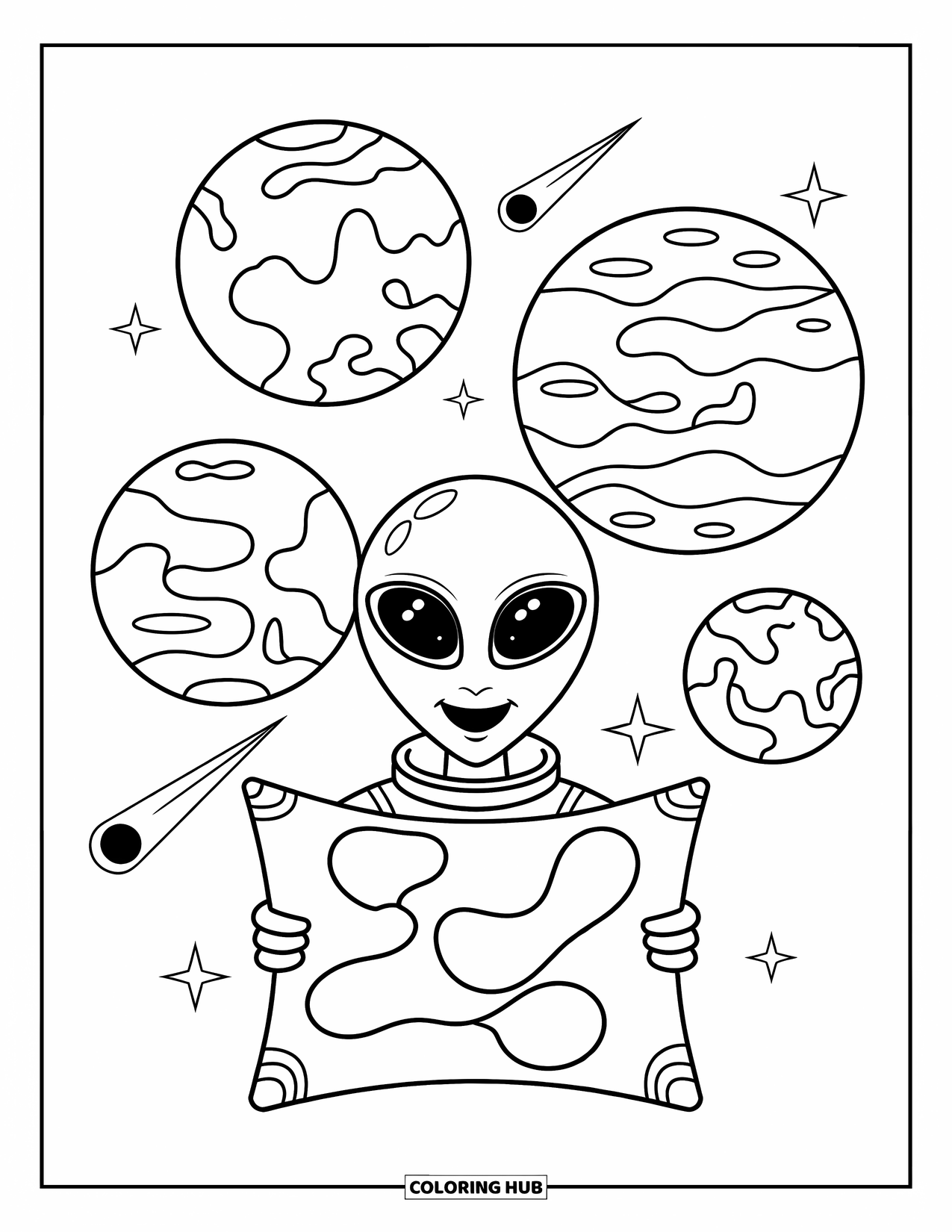 Planeet Kleurplaat voor Kinderen: Een vrolijke alien bestudeert een rolkaart naast planeten met bossen, oceanen en rotsachtig terrein