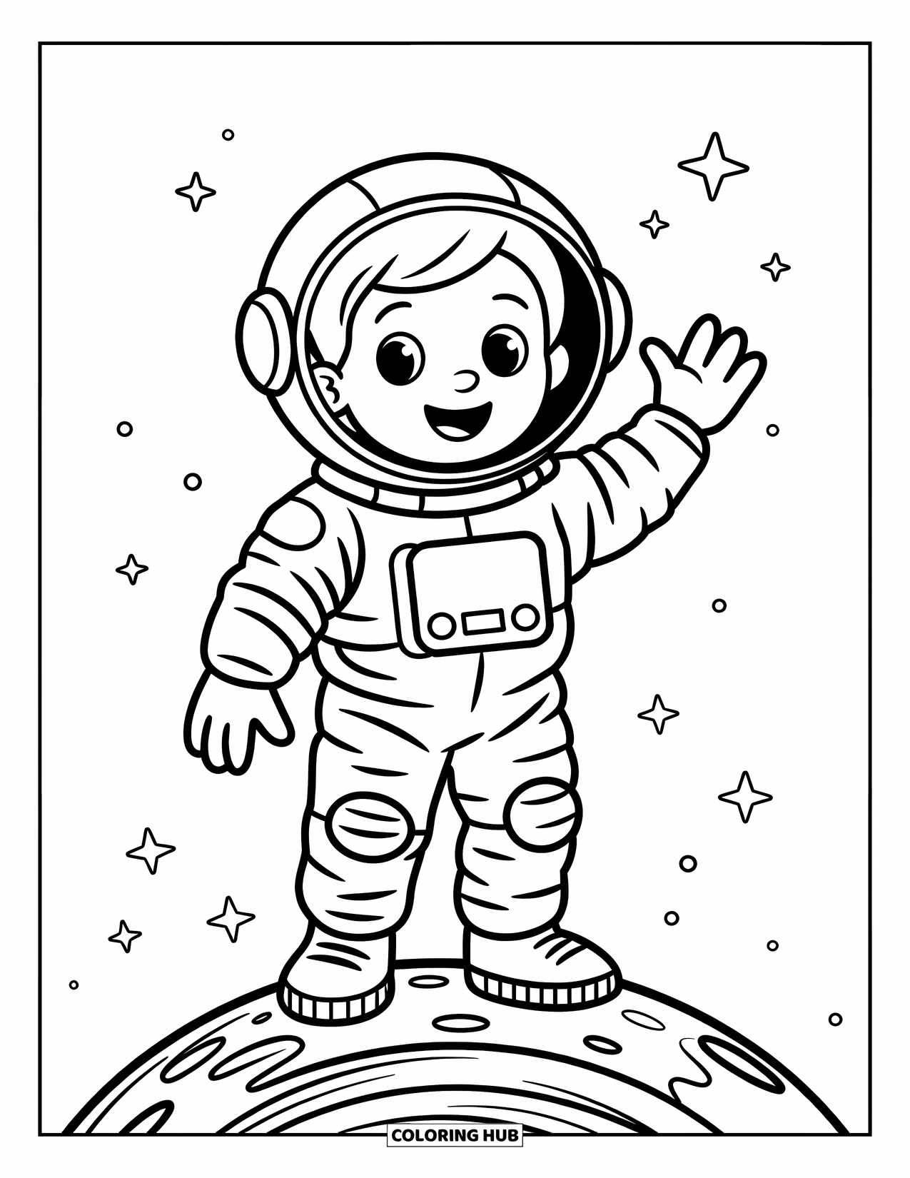 Planeet Kleurplaat voor Kinderen: Een vrolijke astronaut zwaait vanaf een ronde planeet met hobbelige grond en sterren aan de hemel