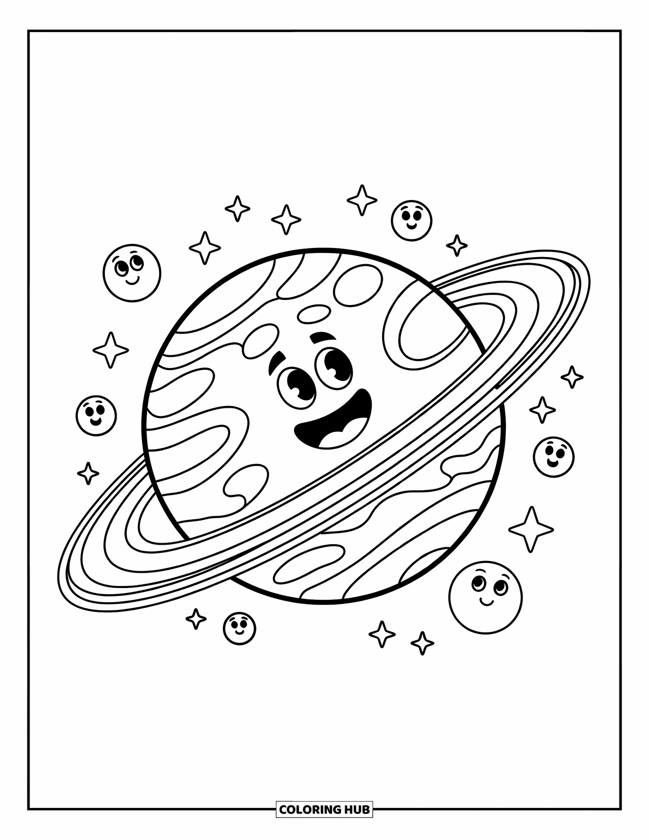 Planeet Kleurplaat voor Kinderen: Een vrolijke planeet leunt in zijn ringen terwijl kleine manen eromheen dansen