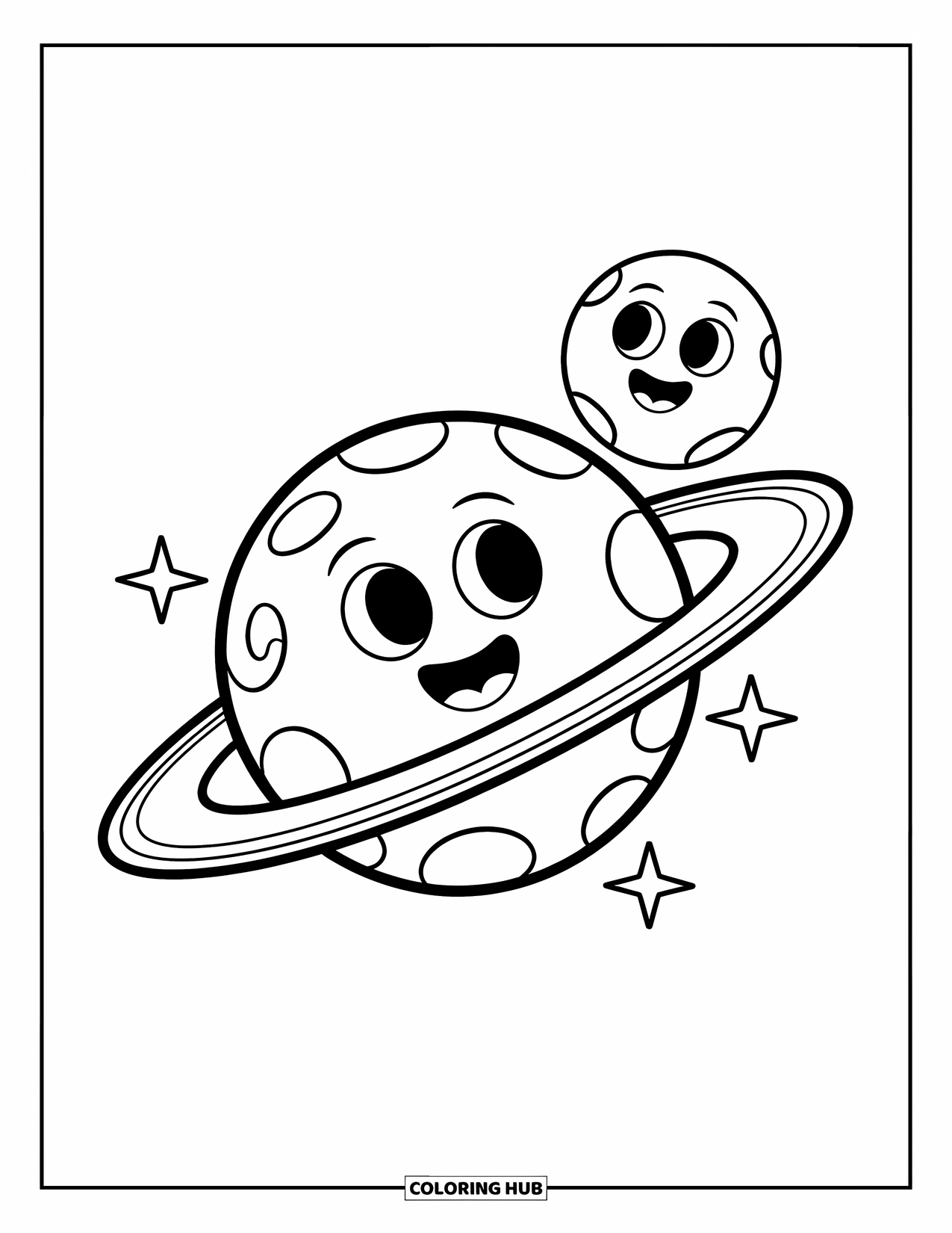 Planeet Kleurplaat voor Kinderen: Een vrolijke planeet met een sterrenring en een lachende maan schijnt aan een speelse hemel