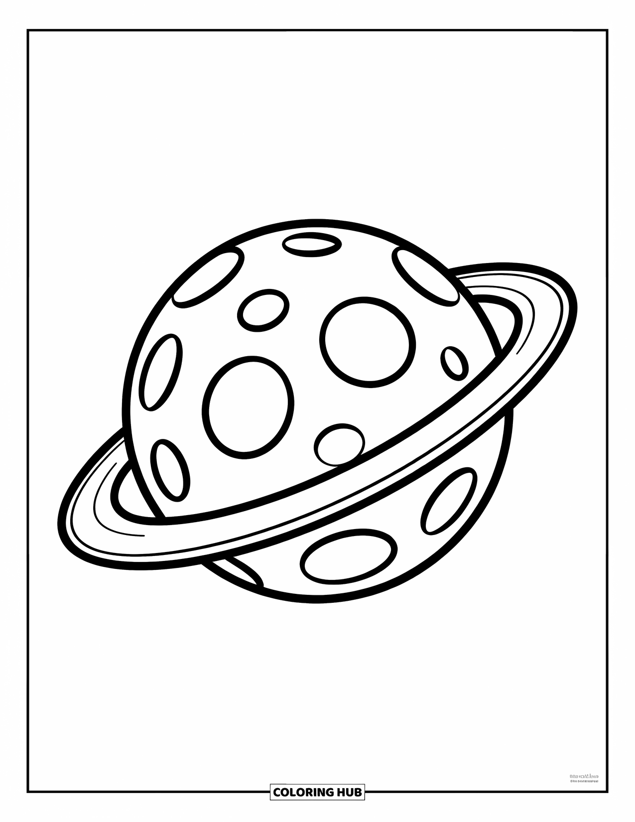 Planeet Kleurplaat voor Kinderen: Een vrolijke planeet met hobbelige plekken zweeft met een dikke ring eromheen en een grote glimlach