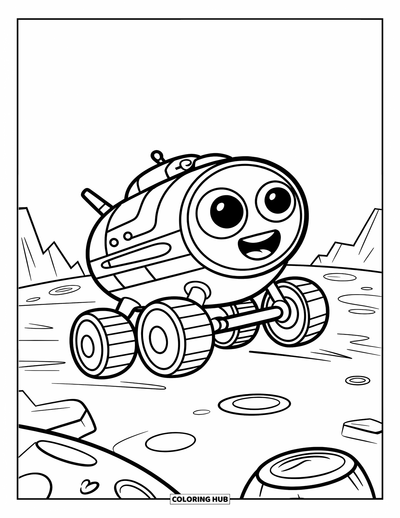 Planeet Kleurplaat voor Kinderen: Een vrolijke rover met grote ogen rijdt over een bekraterd oppervlak onder een sterrenhemel