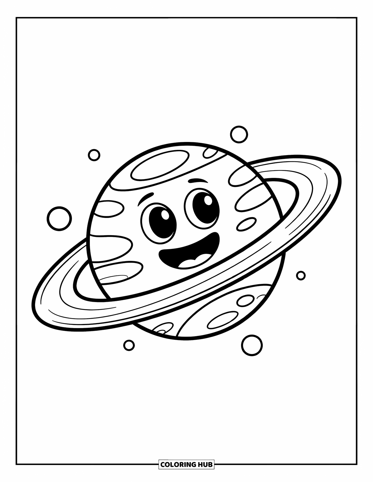 Planeet Kleurplaat voor Kinderen: Een vrolijke Saturnus zweeft met ringen vol stippen en grijnst met brede, vrolijke ogen