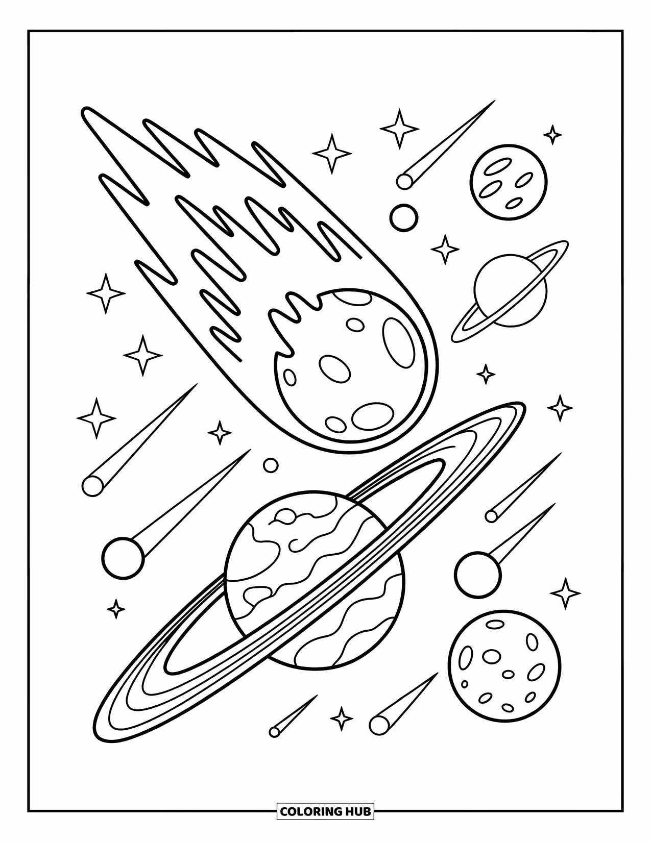 Planeet Kleurplaat voor Kinderen: Een komeet scheert langs uitgelijnde planeten met ringen, kraters en gloeiende sterdetails