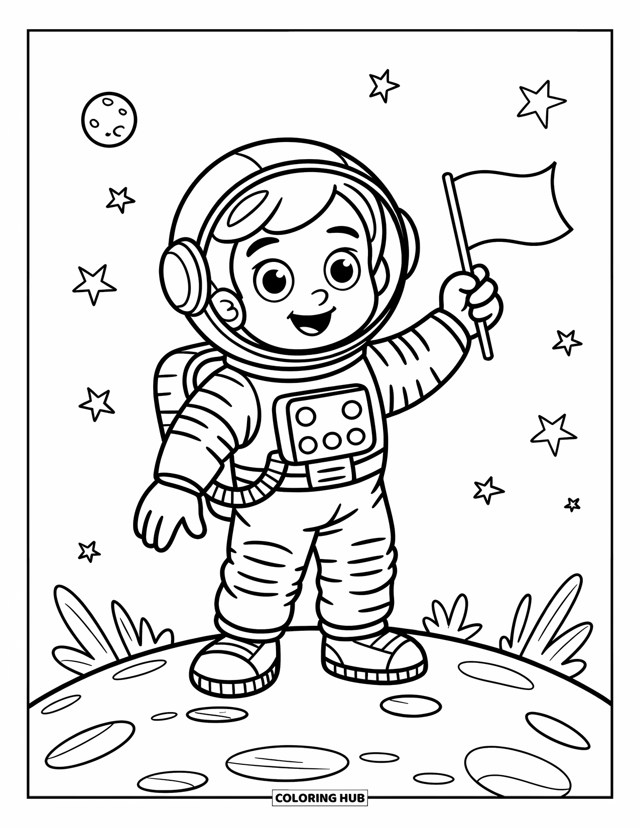 Planeet Kleurplaat voor Kinderen: Een schattige astronaut zwaait en houdt een vlag vast op een kleine planeet met kleine plantjes en een maan erboven
