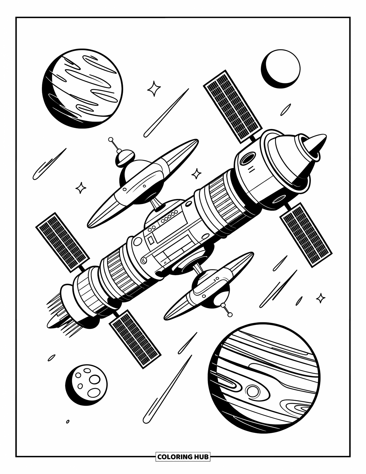 Planeet Kleurplaat voor Kinderen: Een gedetailleerd ruimtestation draait in een baan nabij Mars en Jupiter, vol met koepels, panelen en satellieten