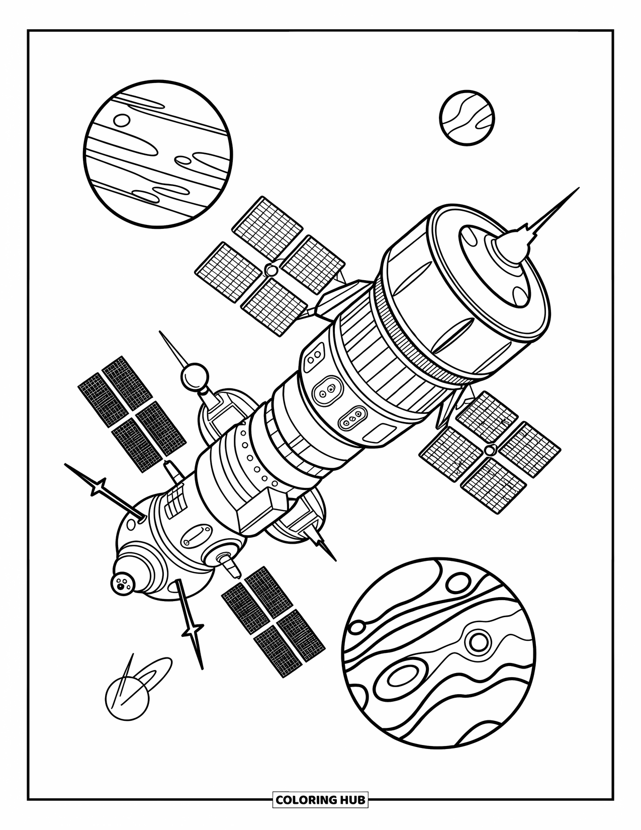 Planeet Kleurplaat voor Kinderen: Een dynamisch ruimtestation met antennes en pods glijdt tussen de gedurfde vormen van Mars en Jupiter