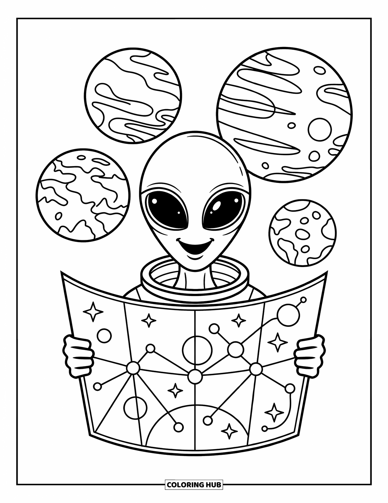 Planeet Kleurplaat voor Kinderen: Een vriendelijke alien houdt een ruimtekaart vast voor drie uniek ontworpen planeten