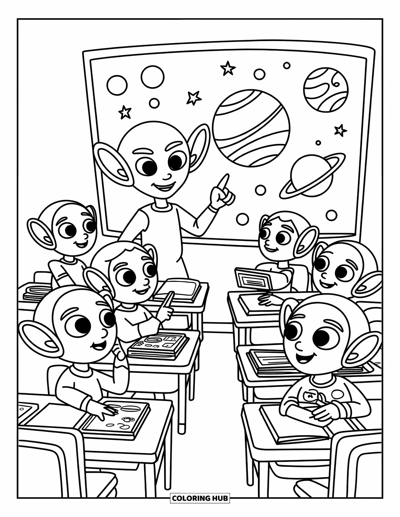 Planeet Kleurplaat voor Kinderen: Een vriendelijke leraar-alien laat het zonnestelsel zien aan enthousiaste studenten in een leuke ruimte-thema klas