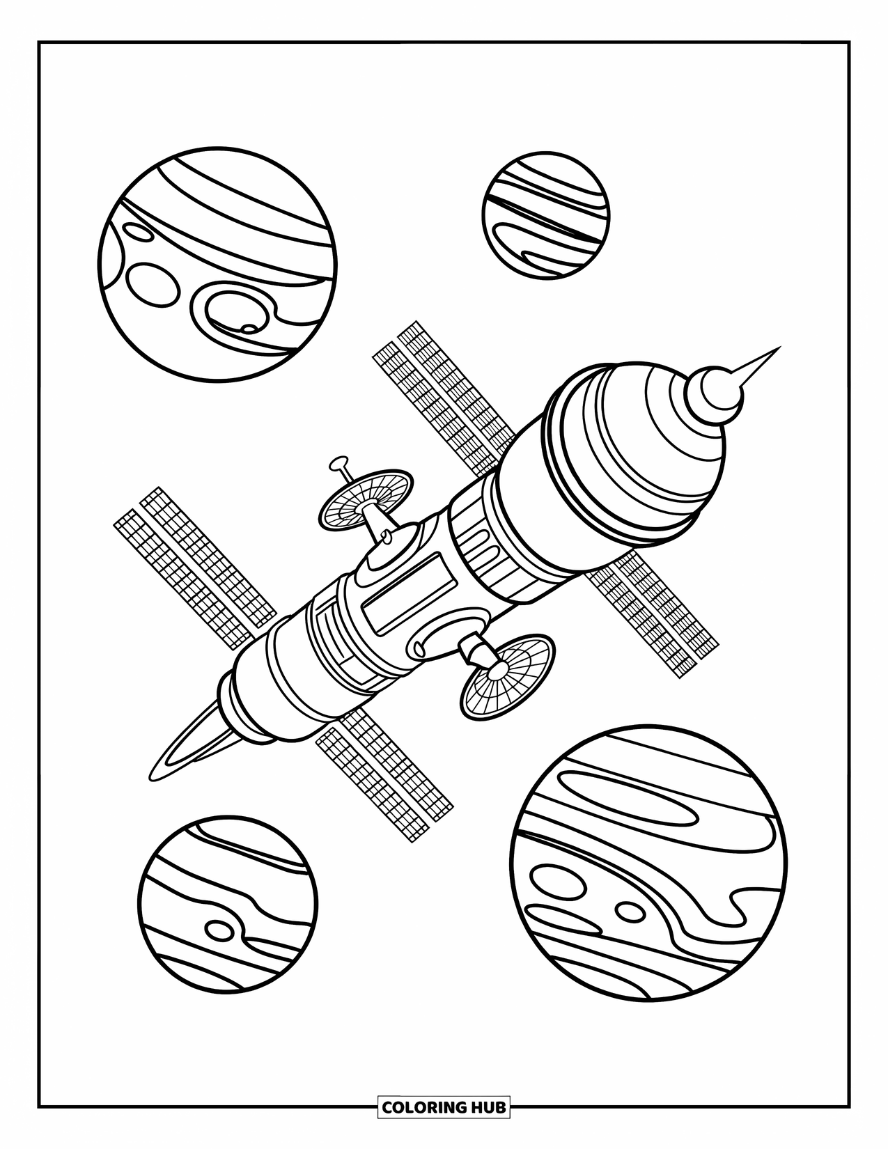 Planeet Kleurplaat voor Kinderen: Een futuristisch ruimtestation reist nabij Mars en Jupiter, omringd door strakke, gestileerde kenmerken