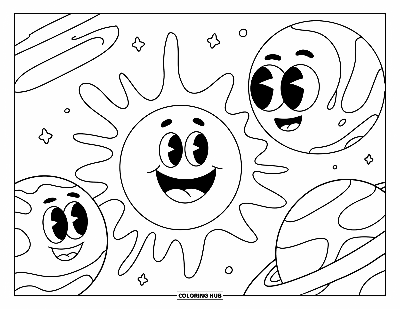 Planeet Kleurplaat voor Kinderen: Een giechelende zon zweeft met twee grappige planeten die dichtbij draaien, omringd door kleine sterren