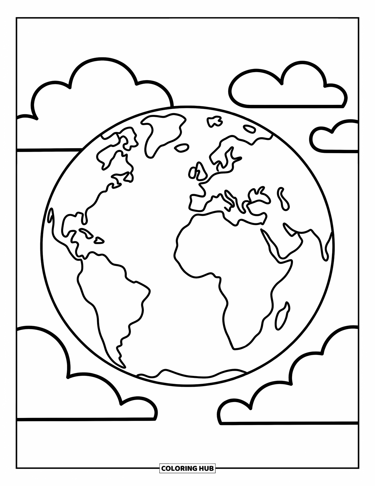 Planeet Kleurplaat voor Kinderen: Een blije Aarde draait zachtjes met grote continenten, pluizige wolken en speelse vormen eromheen