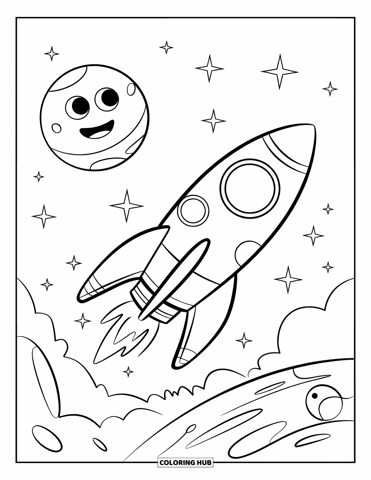Planeet Kleurplaat voor Kinderen: Een vrolijke raket vliegt langs een lachende planeet met grote ramen en sterren die aan de hemel schitteren