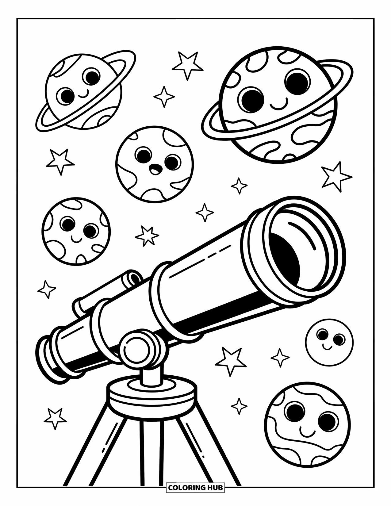 Planeet Kleurplaat voor Kinderen: Een lange telescoop wijst naar vrolijke planeten met leuke gezichten en speelse details