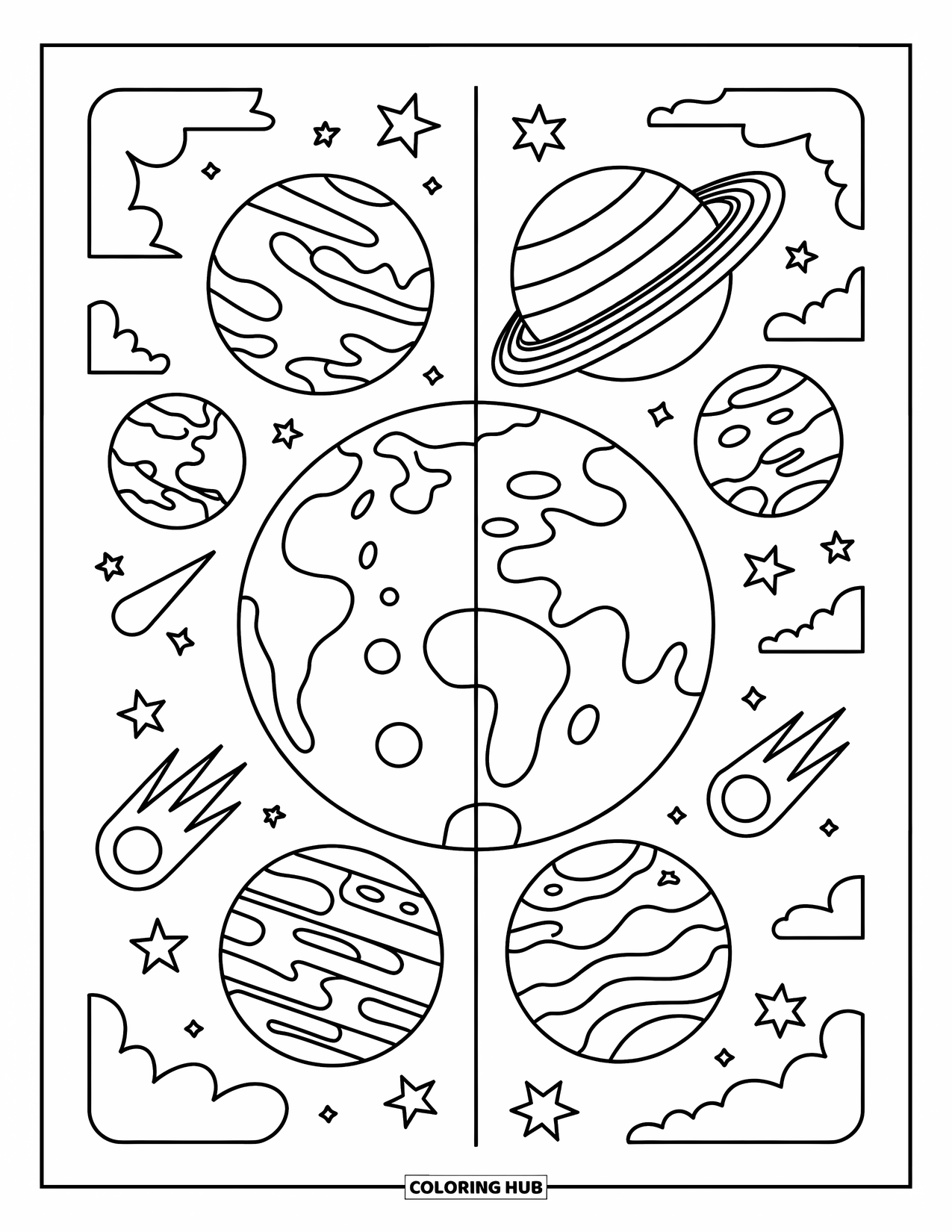 Planeet Kleurplaat voor Kinderen: Een speelse gesplitste weergave toont planeten van Mercurius tot Neptunus met sterren, kometen en leuke details