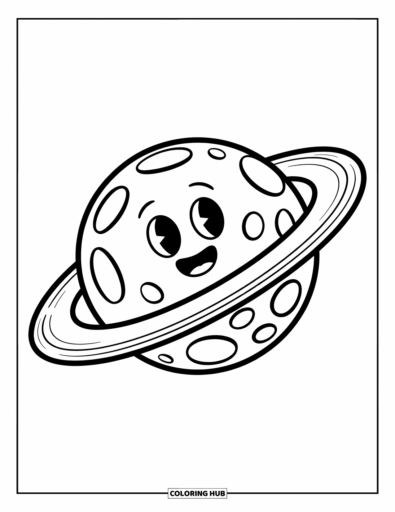 Planeet Kleurplaat voor Kinderen: Een ronde planeet met een vriendelijk gezicht draait met een dikke ring vol sterren eromheen