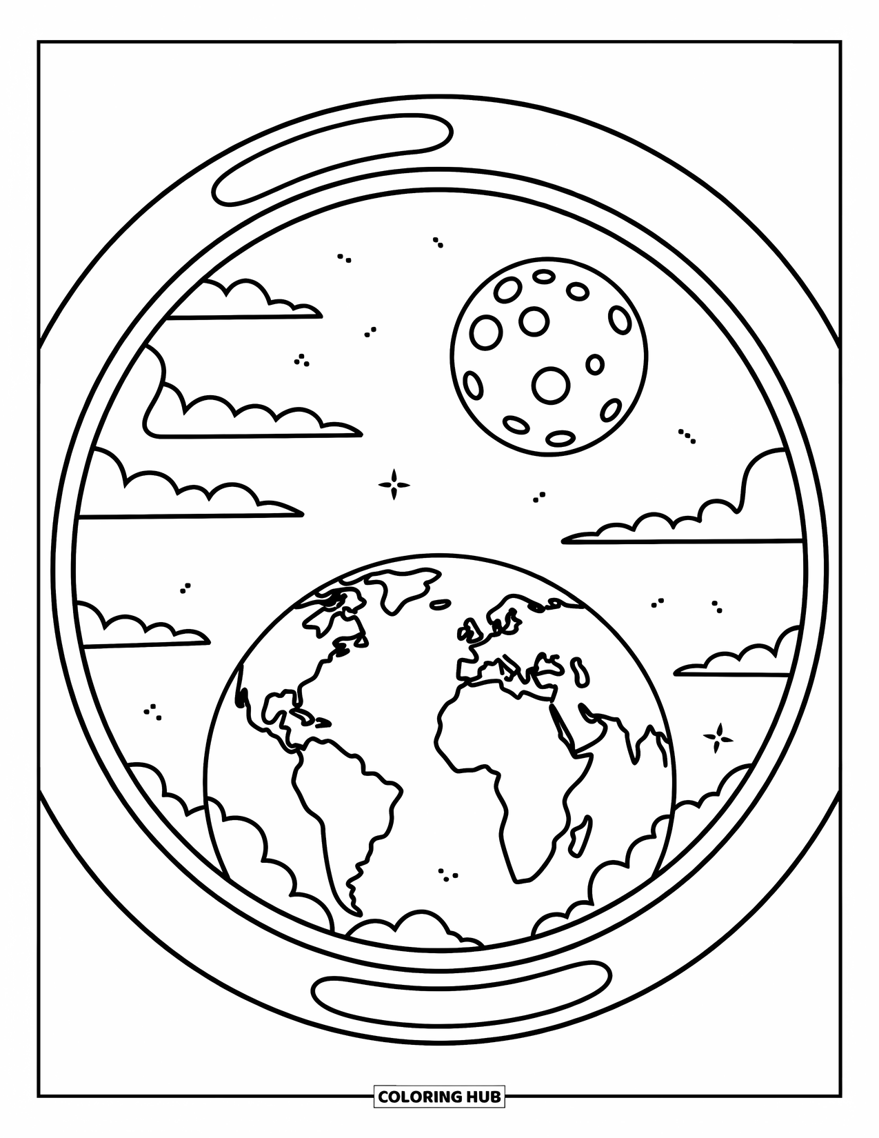 Planeet Kleurplaat voor Kinderen: Een rond raam toont de Aarde van dichtbij en de maan die in de verte gloeit