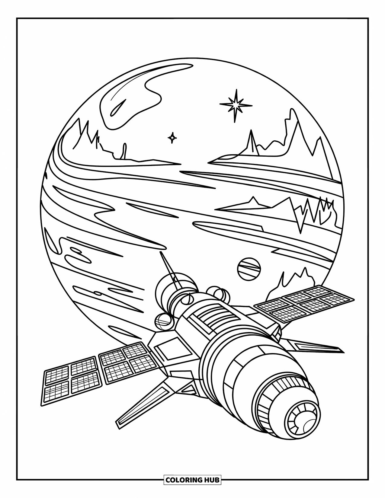 Planeet Kleurplaat voor Kinderen: Een strak ruimtestation rijst op boven bergen en rivieren onder een hemel vol verre sterren
