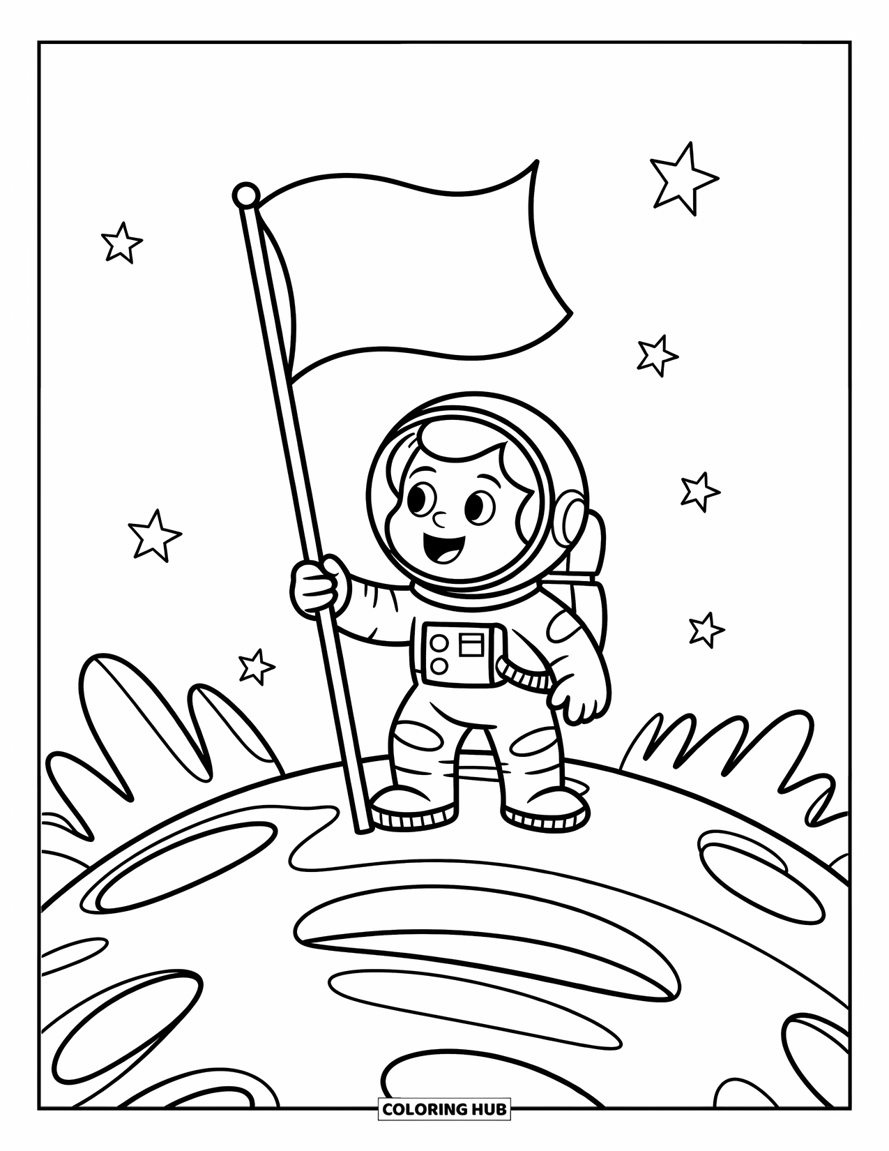 Planeet Kleurplaat voor Kinderen: Een lachende astronaut zwaait naast een vlag op een hobbelige kleine planeet met sterren die in de buurt zweven