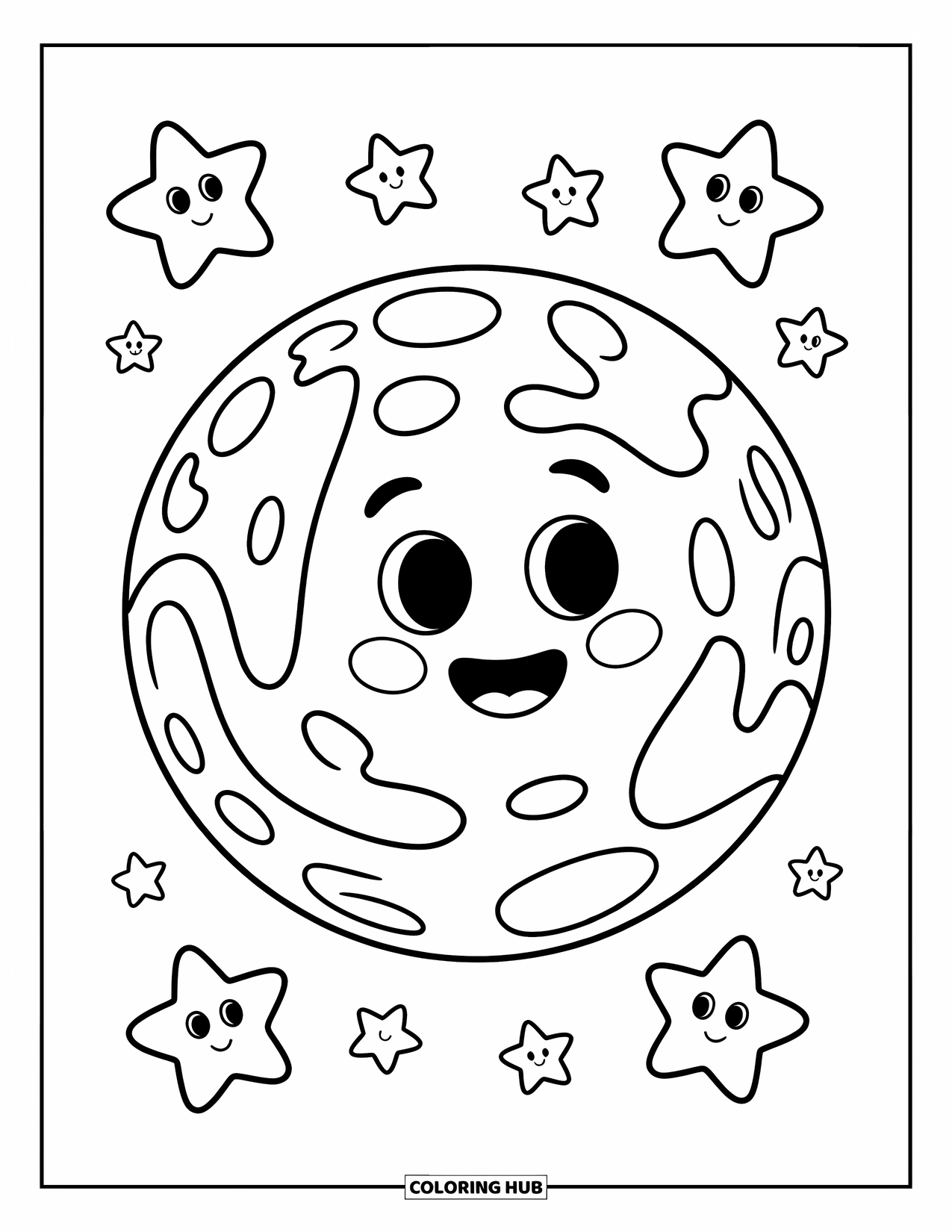 Planeet Kleurplaat voor Kinderen: Een lachende planeet met zachte hobbels is omringd door giechelende sterren met kleine gezichtjes