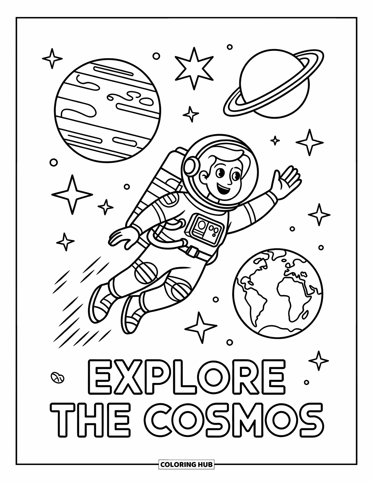 Planeet Kleurplaat voor Kinderen: Een ruimteverkenner zweeft tussen planeten met een jetpack, sterren en banen eromheen