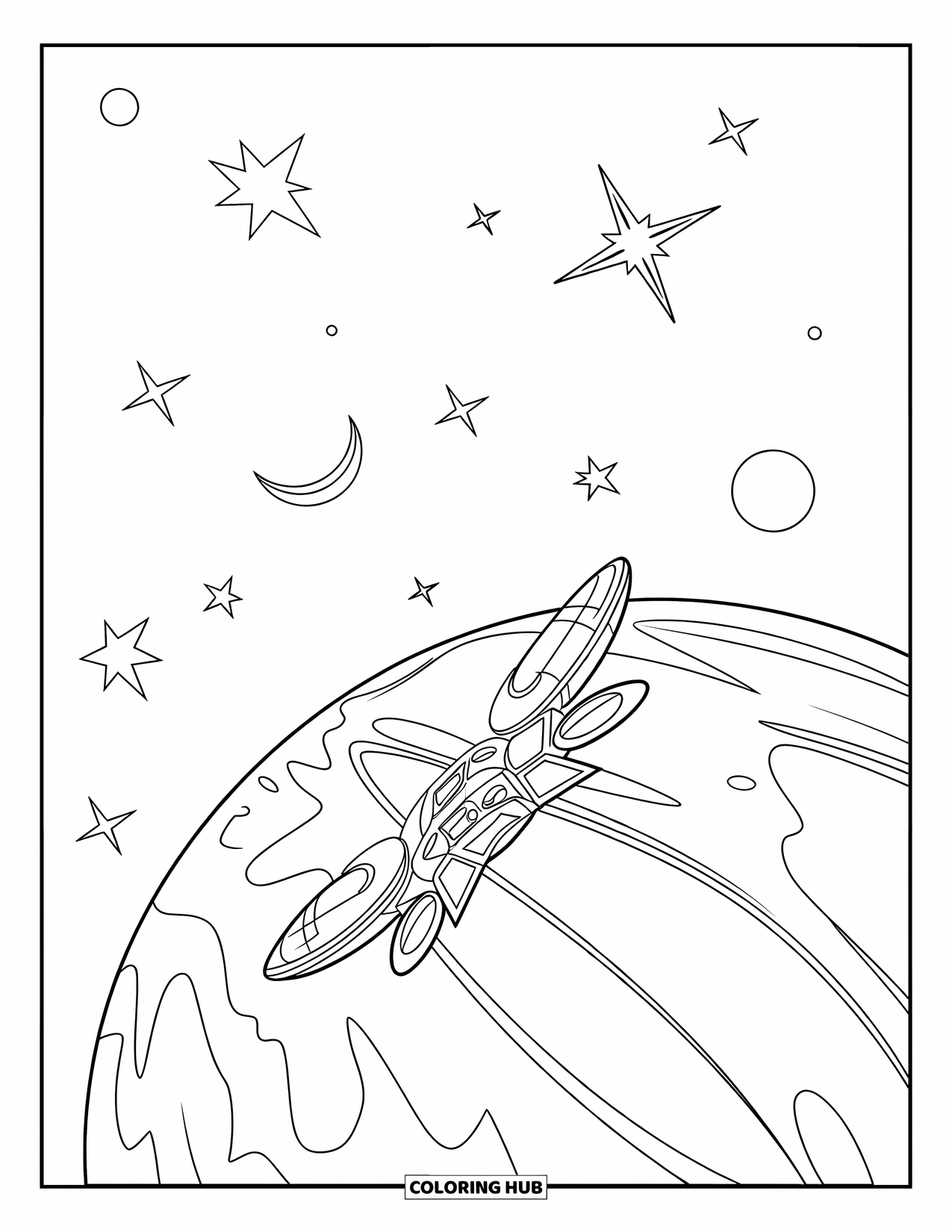Planeet Kleurplaat voor Kinderen: Een ruimtestation staat op een planeet met gloeiende sterren en een sikkelmaan aan de hemel
