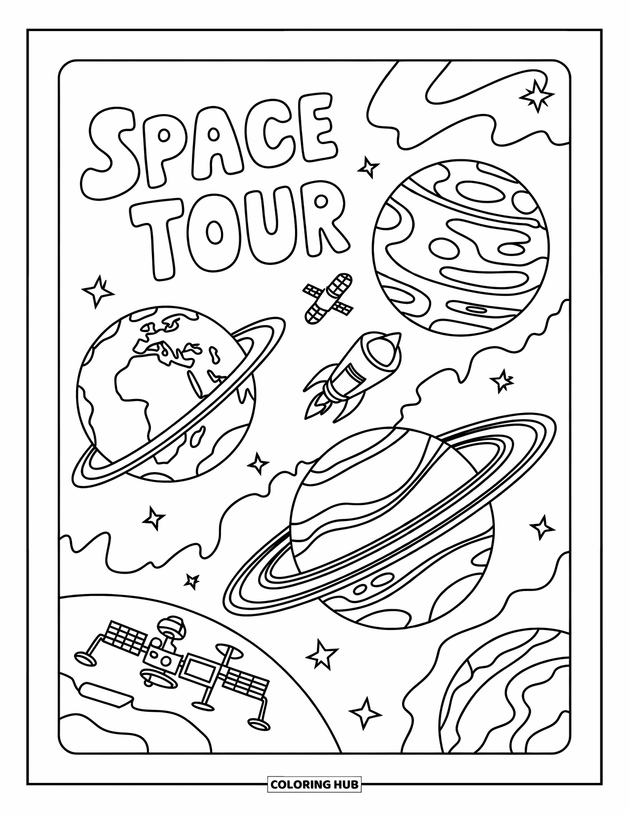 Planeet Kleurplaat voor Kinderen: Een ruimtereisposter toont de aarde, Mars en Neptunus met sterren, rovers en wervelende ringen