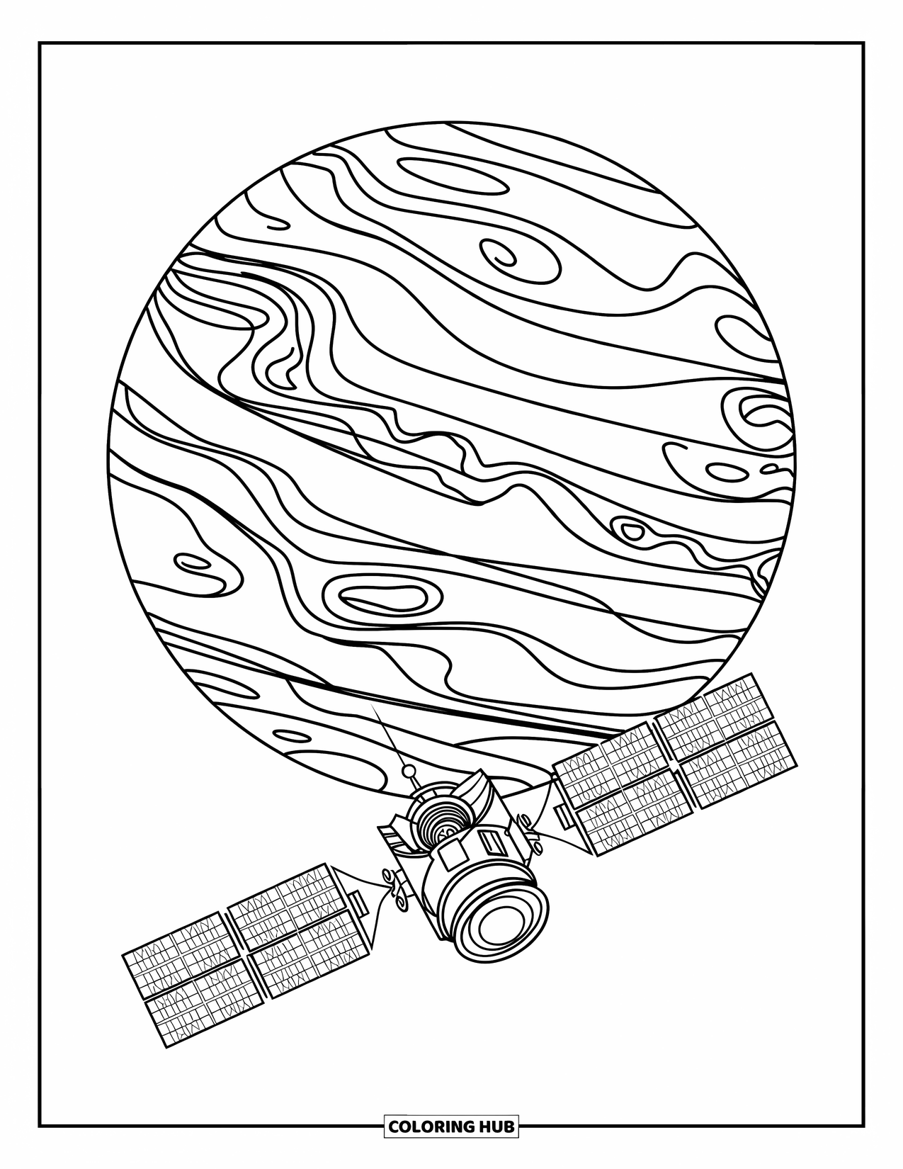 Planeet Kleurplaat voor Kinderen: Een wervelende Venus en een ruimtesonde in een baan zijn getekend met dikke lijnen en gebogen patronen