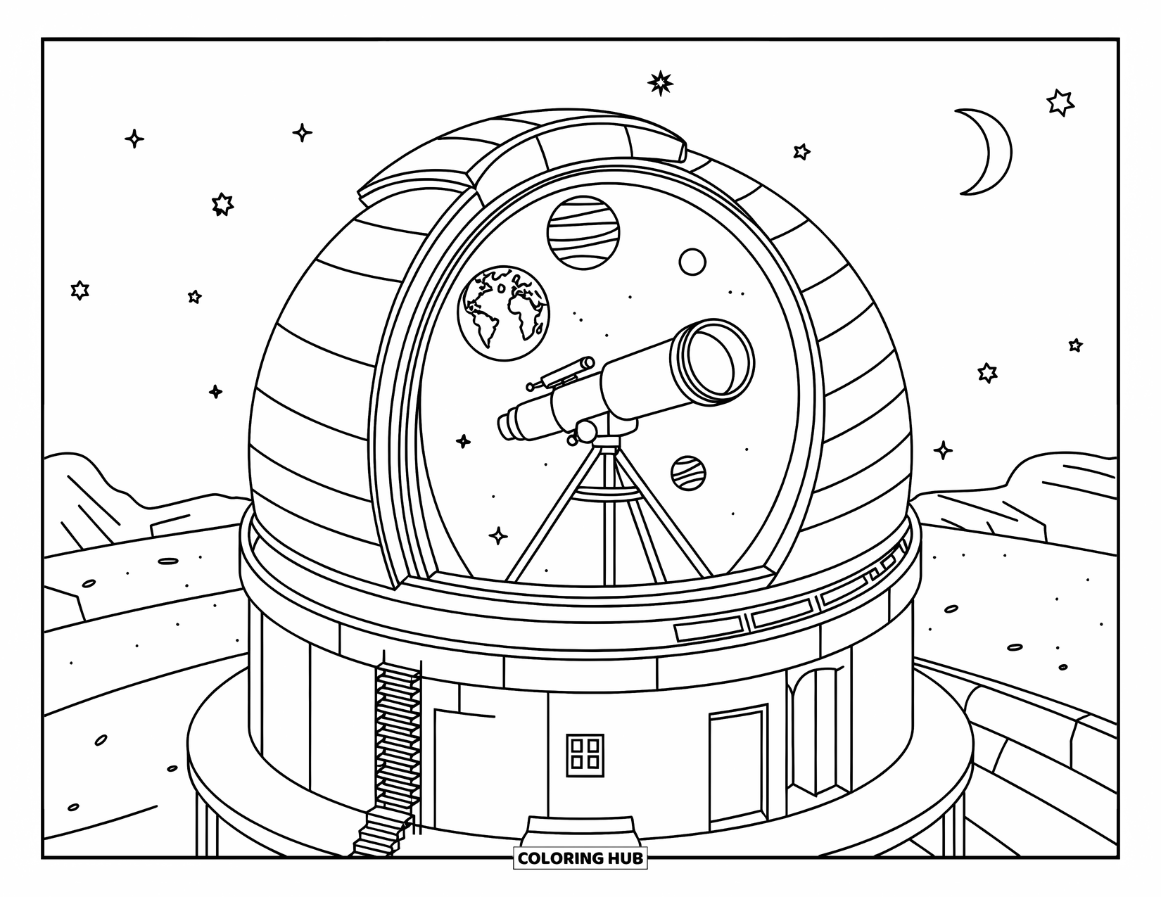 Planeet Kleurplaat voor Kinderen: Een telescoopkoepel met ramen en een ladder toont de Aarde, Uranus en Neptunus onder een sterrenhemel