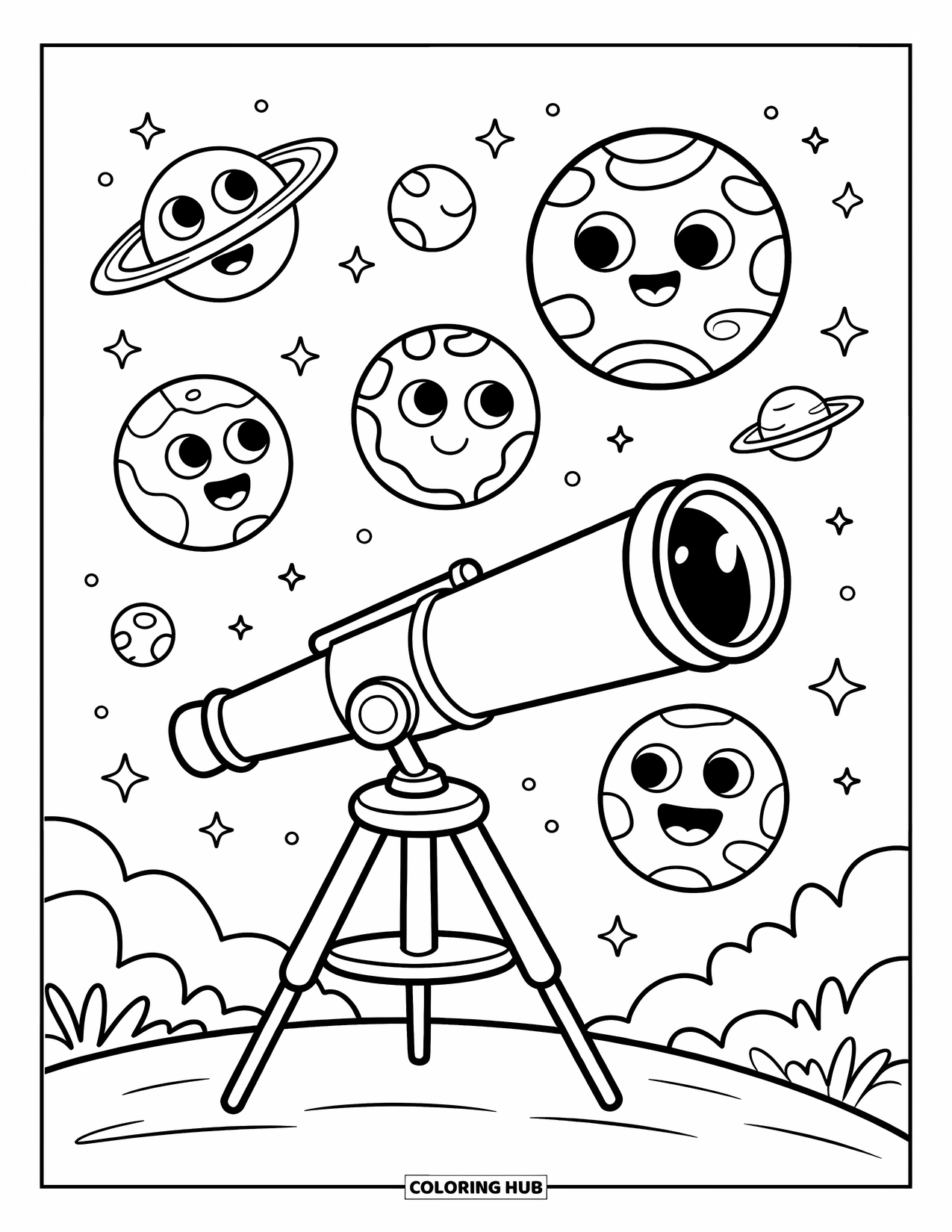 Planeet Kleurplaat voor Kinderen: Een telescoop kijkt omhoog naar lachende planeten die vrolijk in de sterrenhemel zweven